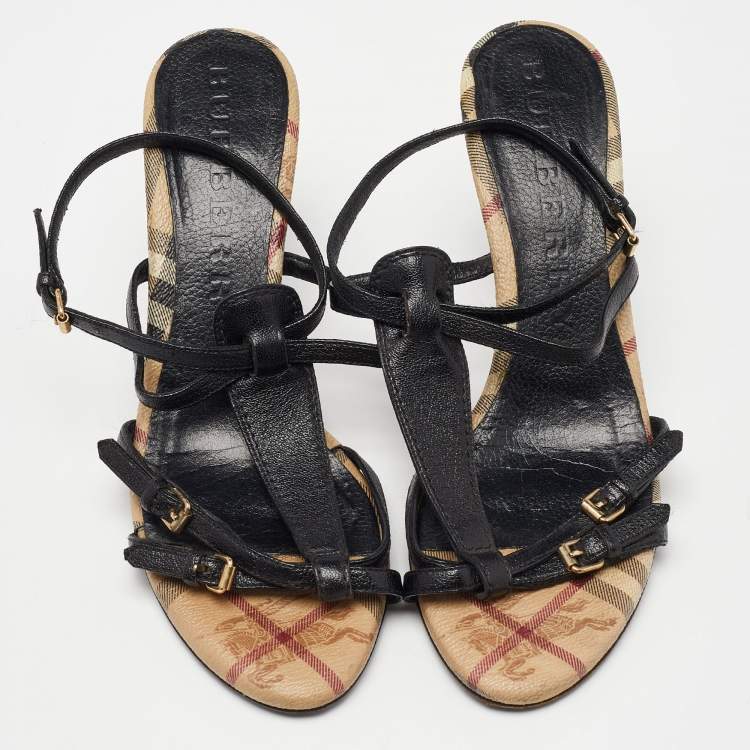 Pre Owned Burberry Black Leather T-Bar Ankle Strap Sandals Size 39