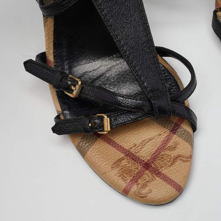 Pre Owned Burberry Black Leather T-Bar Ankle Strap Sandals Size 39