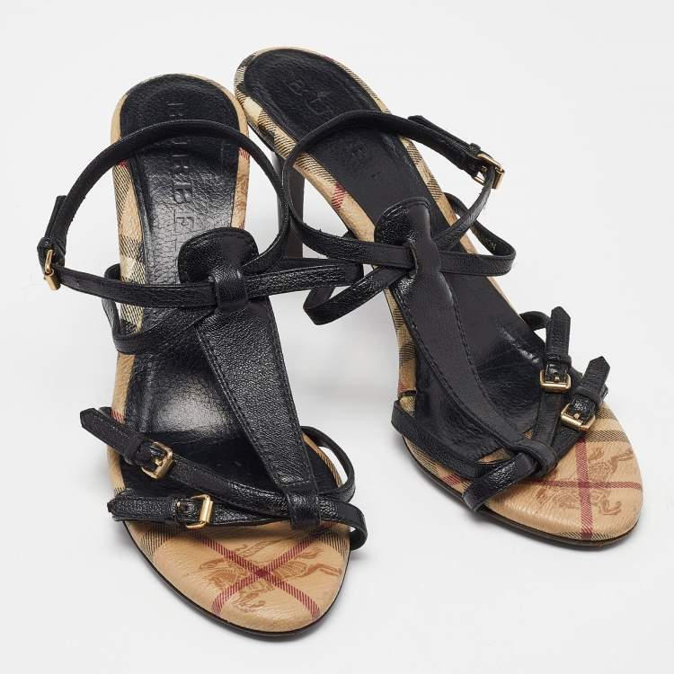 Pre Owned Burberry Black Leather T-Bar Ankle Strap Sandals Size 39