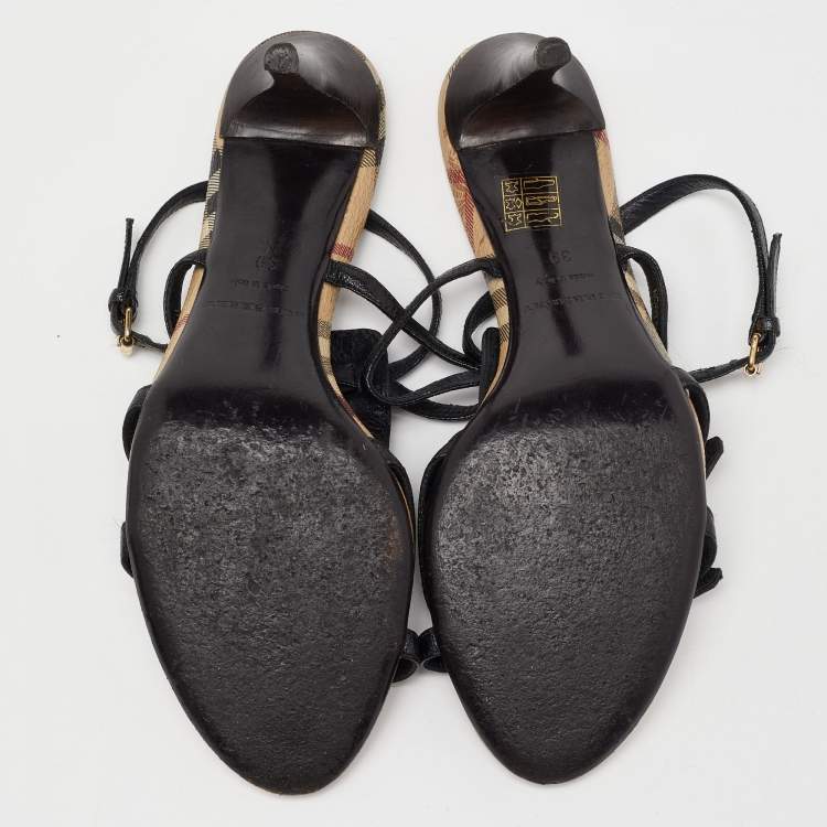 Pre Owned Burberry Black Leather T-Bar Ankle Strap Sandals Size 39