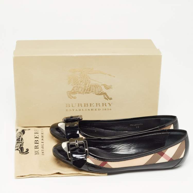 Pre Owned Burberry Black Patent Leather Coated Canvas Buckle Detail Ballet Flats Size 38