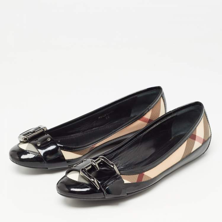 Burberry Black Patent Leather Coated Canvas Buckle Detail Ballet Flats Size 38 Burberry TLC