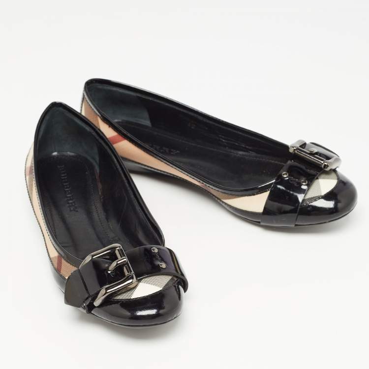 Pre Owned Burberry Black Patent Leather Coated Canvas Buckle Detail Ballet Flats Size 38