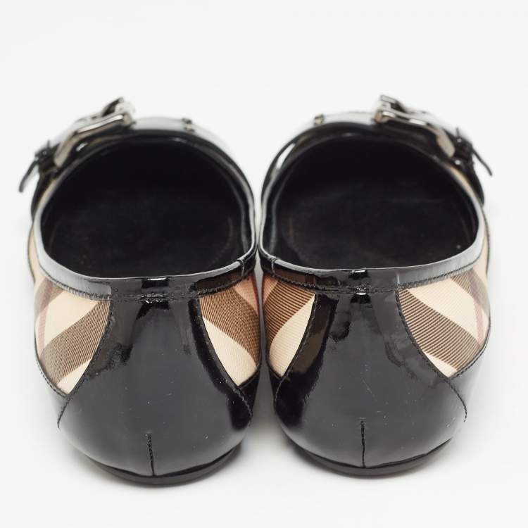 Pre Owned Burberry Black Patent Leather Coated Canvas Buckle Detail Ballet Flats Size 38