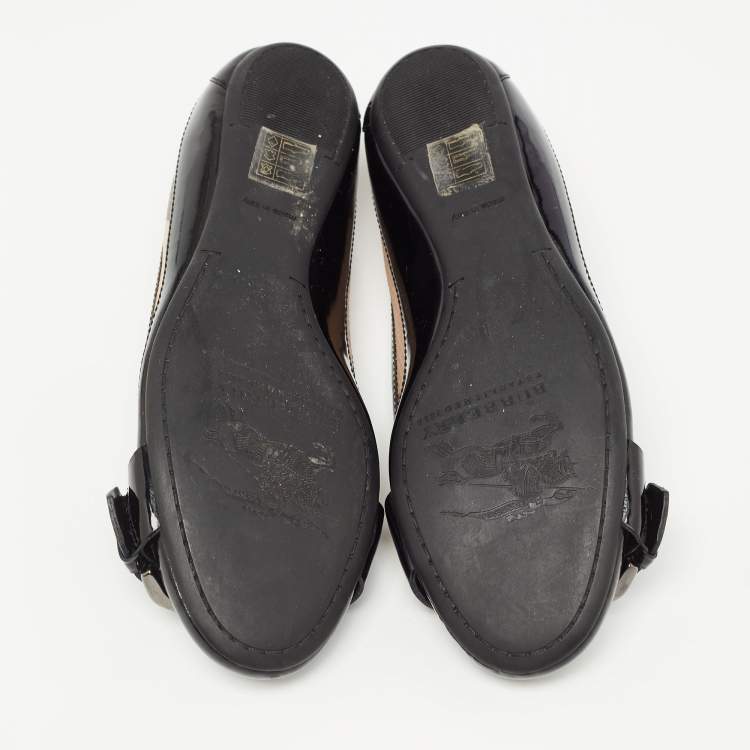 Pre Owned Burberry Black Patent Leather Coated Canvas Buckle Detail Ballet Flats Size 38