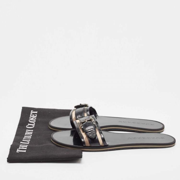 Pre Owned Burberry Black/Beige Patent Leather and Check Canvas Flat Slides Size 40