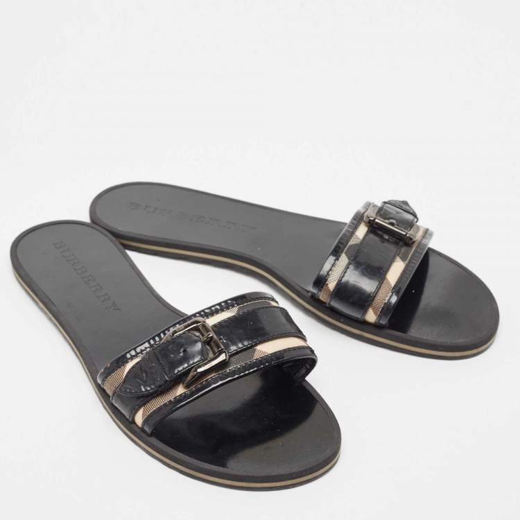 Pre Owned Burberry Black/Beige Patent Leather and Check Canvas Flat Slides Size 40