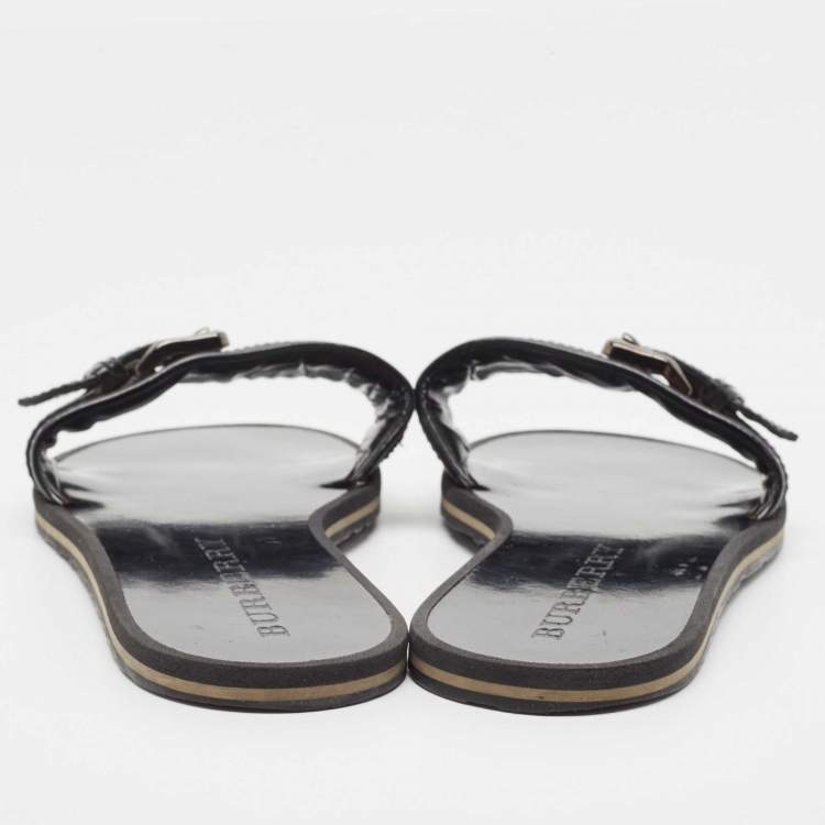 Pre Owned Burberry Black/Beige Patent Leather and Check Canvas Flat Slides Size 40
