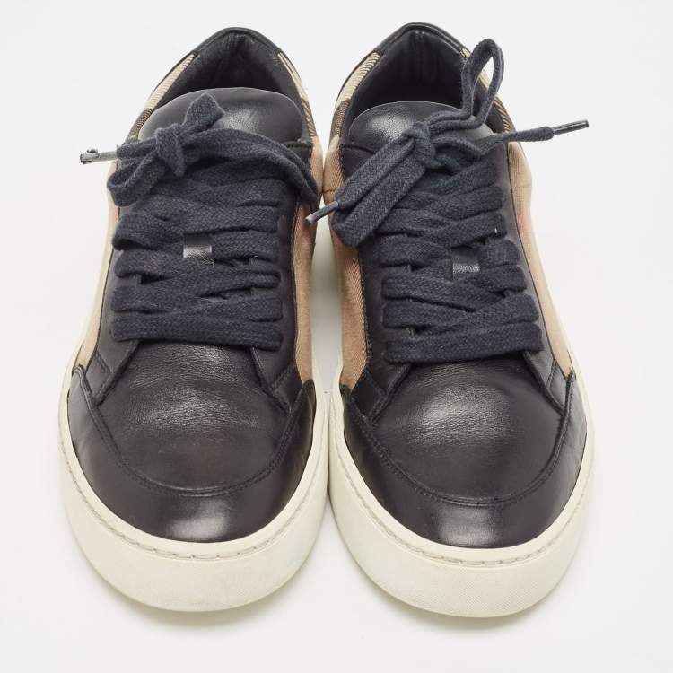 Pre Owned Burberry Black/Beige Nova Check Canvas and Leather Low Top Sneakers Size 36