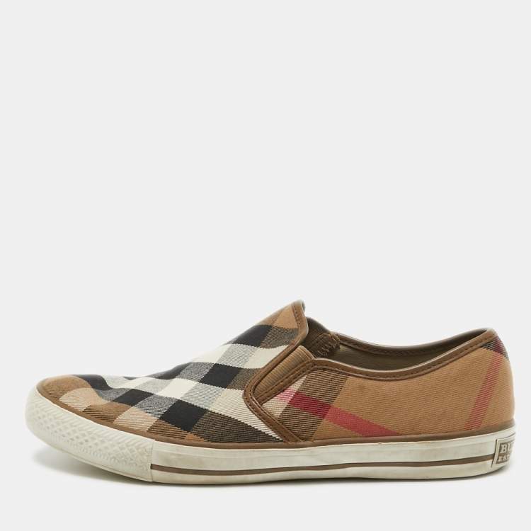 Pre Owned Burberry Brown/Beige House Check Canvas Slip On Sneakers Size 41