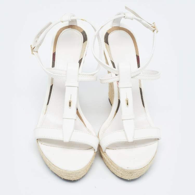 Pre Owned Burberry White Leather Wedge  Ankle Strap Sandals Size 39.5