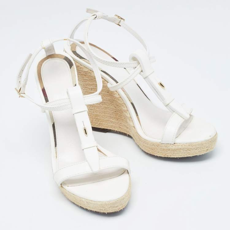 Pre Owned Burberry White Leather Wedge  Ankle Strap Sandals Size 39.5