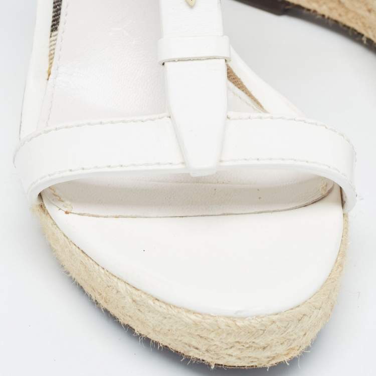 Pre Owned Burberry White Leather Wedge  Ankle Strap Sandals Size 39.5