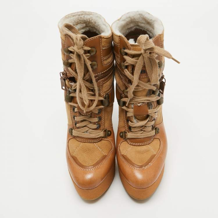 مملوكة مسبقًا Burberry Brown Leather and Suede Rubber Ankle Boots Size 35