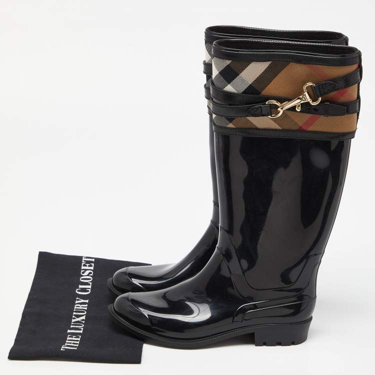 Pre Owned Burberry Black/Beige Patent Leather and House Check Canvas Knee Length Boots Size 35