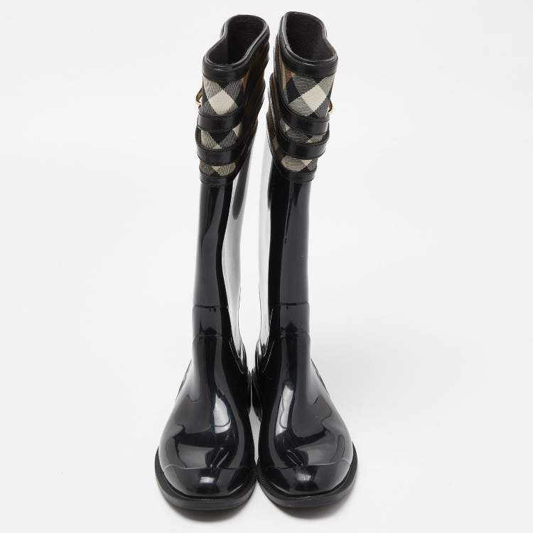 Pre Owned Burberry Black/Beige Patent Leather and House Check Canvas Knee Length Boots Size 35