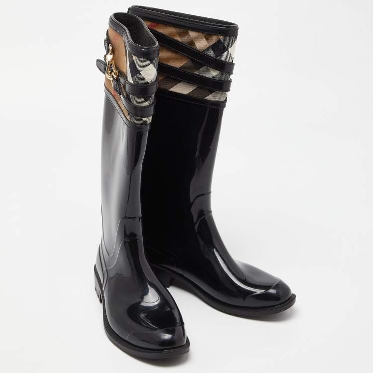Pre Owned Burberry Black/Beige Patent Leather and House Check Canvas Knee Length Boots Size 35