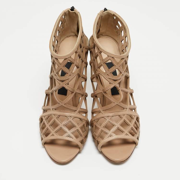 Pre Owned Burberry Beige Cut Out Leather Gage Ankle Booties Size 39 
