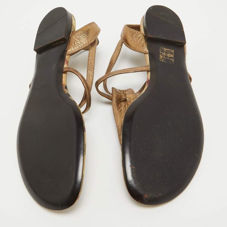 Pre Owned Burberry Metallic Gold Leather Thong Ankle Strap Flat Sandals Size 39