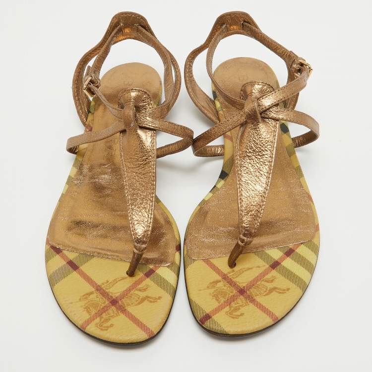 Pre Owned Burberry Metallic Gold Leather Thong Ankle Strap Flat Sandals Size 39