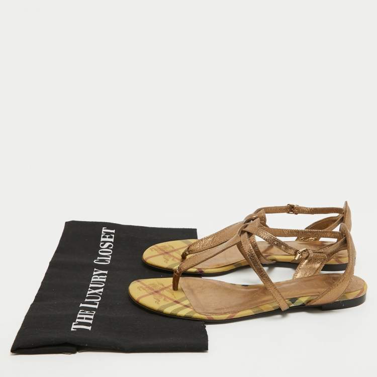 Pre Owned Burberry Metallic Gold Leather Thong Ankle Strap Flat Sandals Size 39