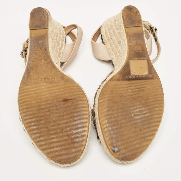 Pre Owned Burberry Beige/Brown Coated Canvas and Leather Ankle Strap Espadrille Wedge Sandals Size 38.5