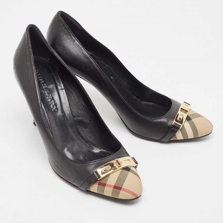 Pre Owned Burberry Black Canvas and Leather Pointed Toe Pumps Size 39.5