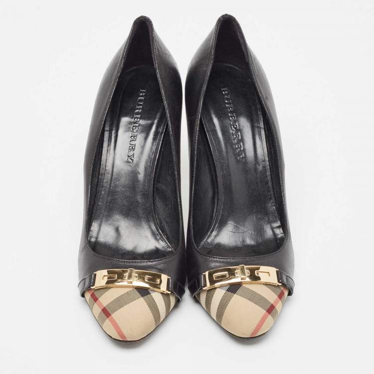 Pre Owned Burberry Black Canvas and Leather Pointed Toe Pumps Size 39.5