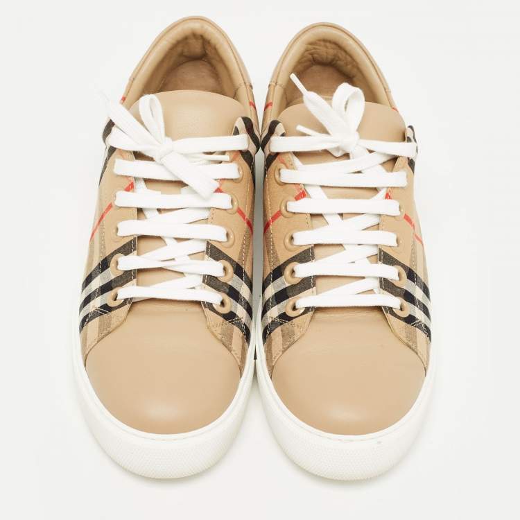 Pre Owned Burberry Beige Nova Check Canvas and Leather Low Top Sneakers Size 40