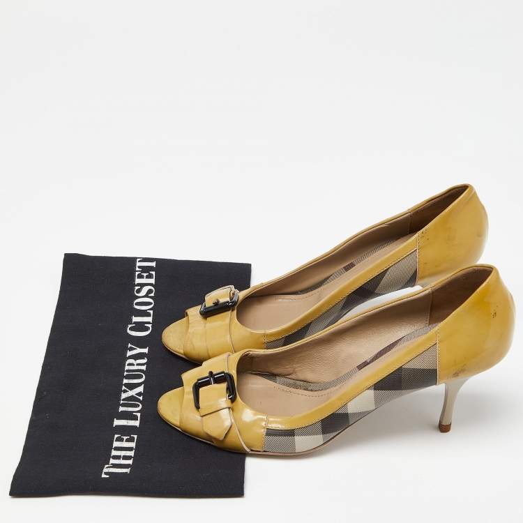 Pre Owned Burberry Grey/Yellow Smoked Check PVC and Patent Leather Embellished Open Toe Pumps Size 39
