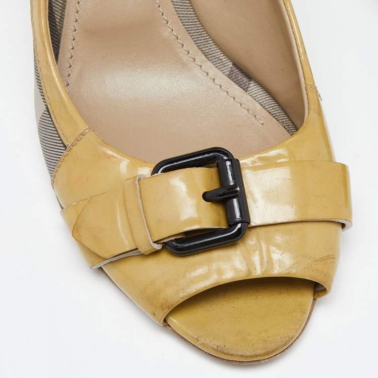 Pre Owned Burberry Grey/Yellow Smoked Check PVC and Patent Leather Embellished Open Toe Pumps Size 39