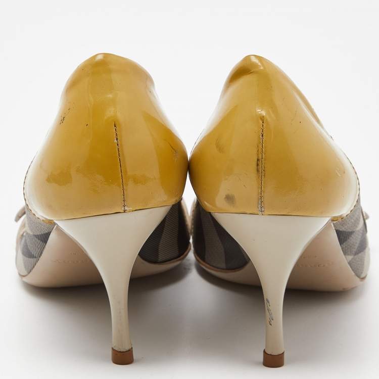Pre Owned Burberry Grey/Yellow Smoked Check PVC and Patent Leather Embellished Open Toe Pumps Size 39