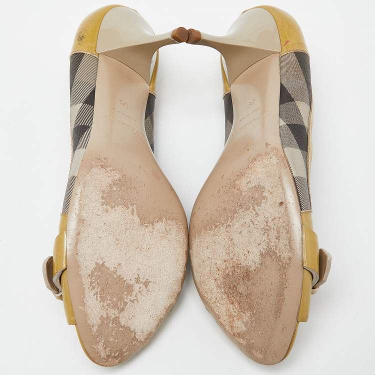 Pre Owned Burberry Grey/Yellow Smoked Check PVC and Patent Leather Embellished Open Toe Pumps Size 39