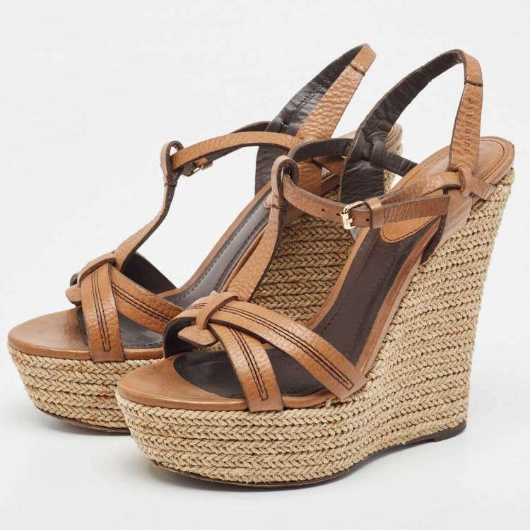 Pre Owned Burberry Brown Leather Wedge Sandals Size 39.5