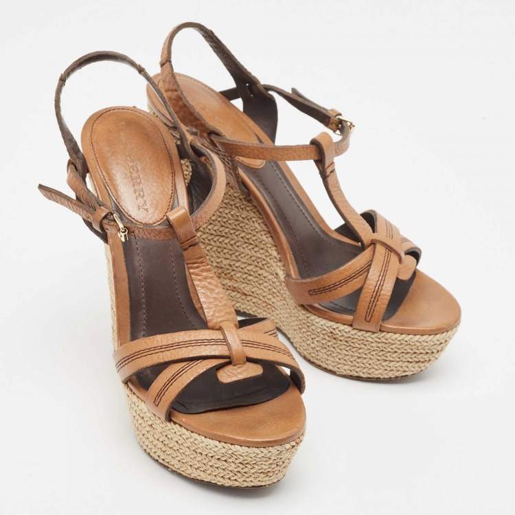 Pre Owned Burberry Brown Leather Wedge Sandals Size 39.5
