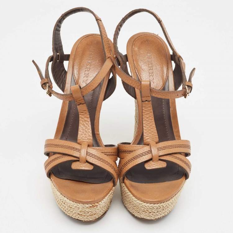 Pre Owned Burberry Brown Leather Wedge Sandals Size 39.5