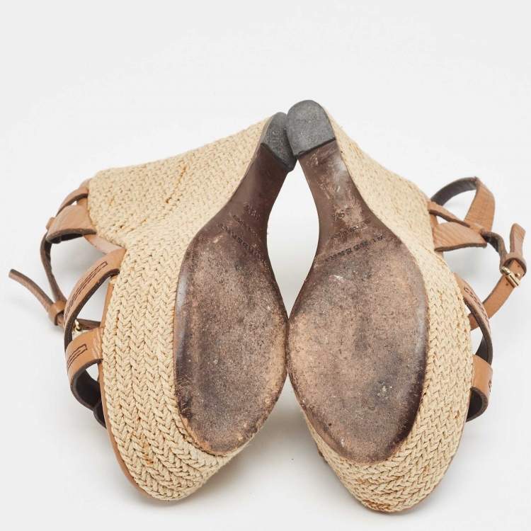 Pre Owned Burberry Brown Leather Wedge Sandals Size 39.5