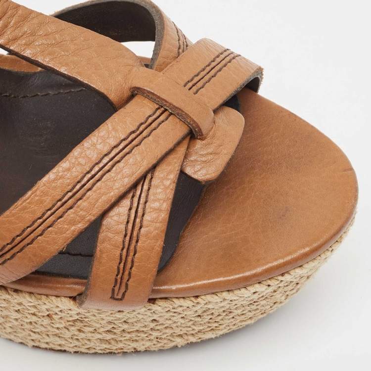 Pre Owned Burberry Brown Leather Wedge Sandals Size 39.5