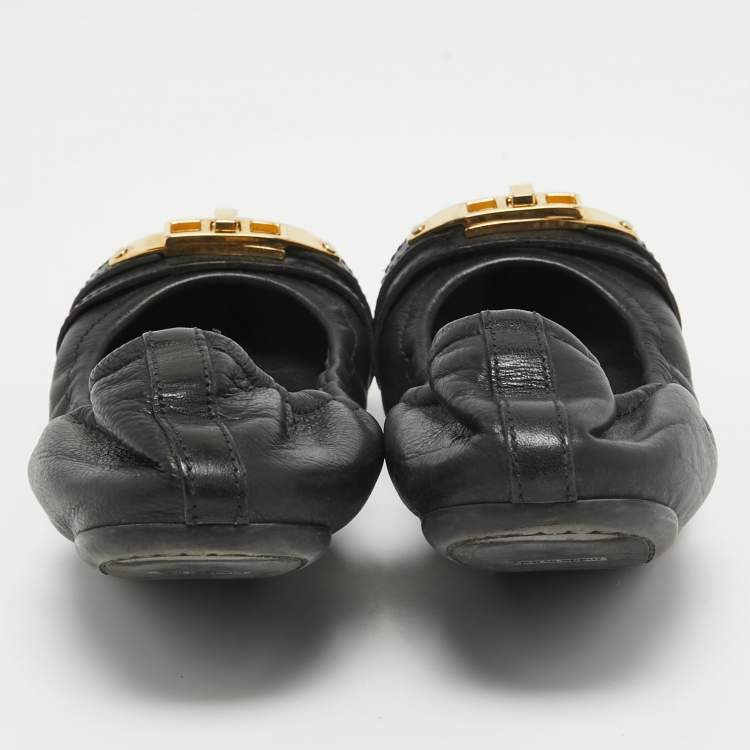 Pre Owned Burberry Black /Beige House Check Canvas and Leather Ballet Flats Size 35