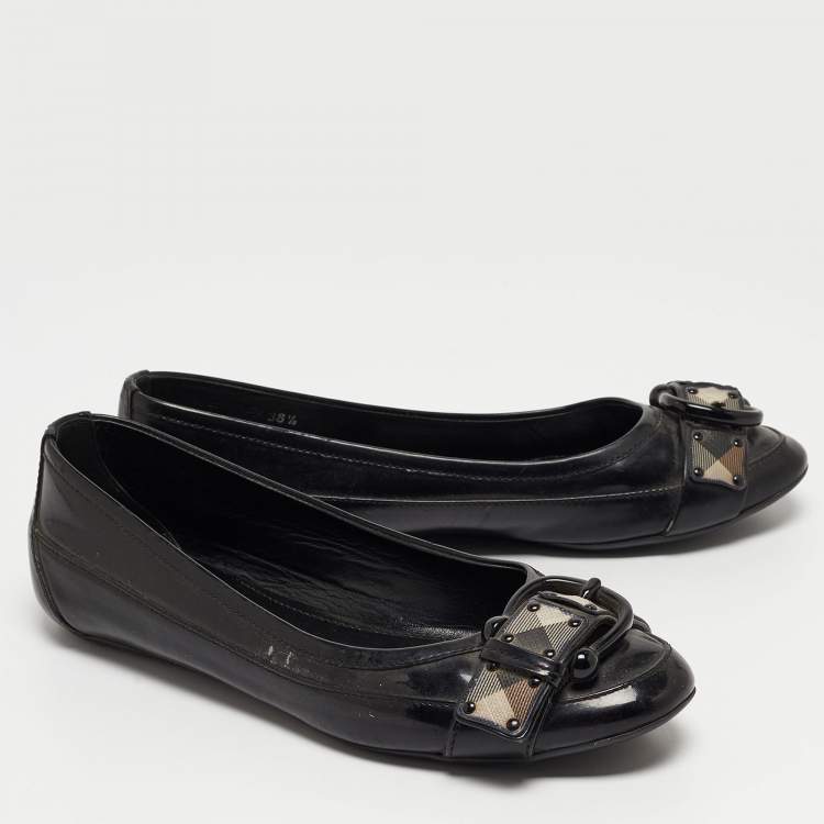 Pre Owned Burberry Black/Beige Patent and Canvas Ballet Flats Size 38.5  