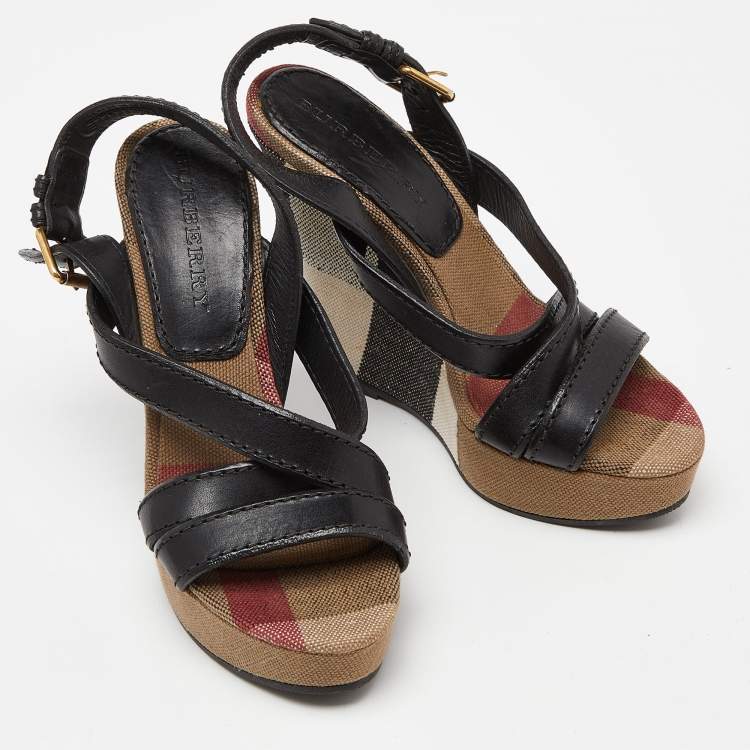 Pre Owned Burberry Multicolor Novacheck Canvas and Black Leather Warlow Platform Wedge Sandals Size 36.5