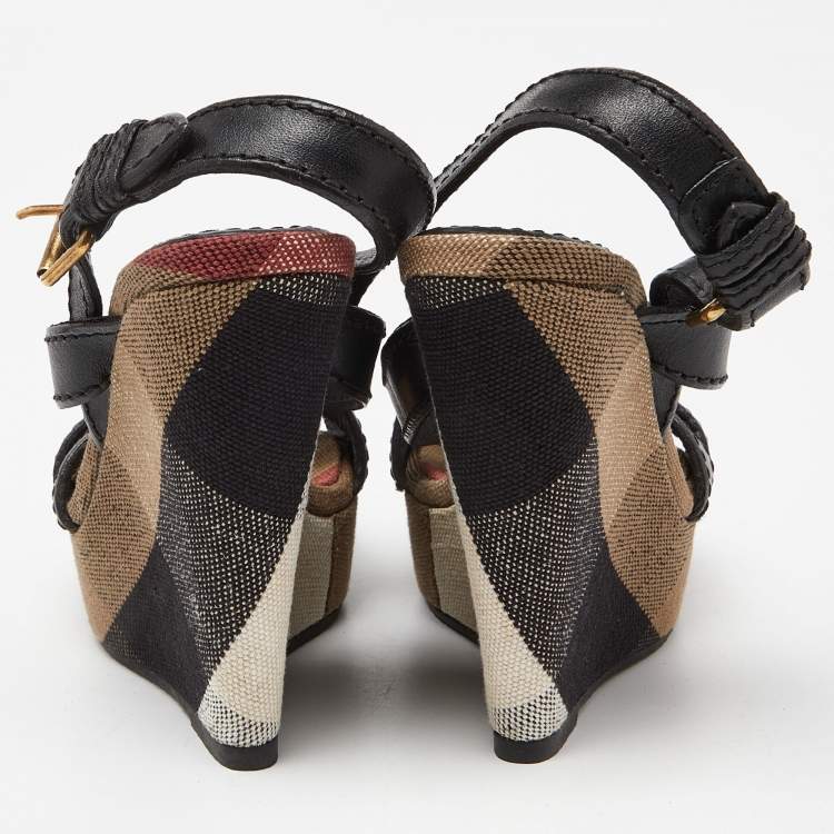 Pre Owned Burberry Multicolor Novacheck Canvas and Black Leather Warlow Platform Wedge Sandals Size 36.5