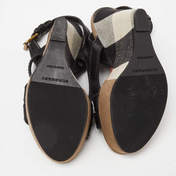 Pre Owned Burberry Multicolor Novacheck Canvas and Black Leather Warlow Platform Wedge Sandals Size 36.5