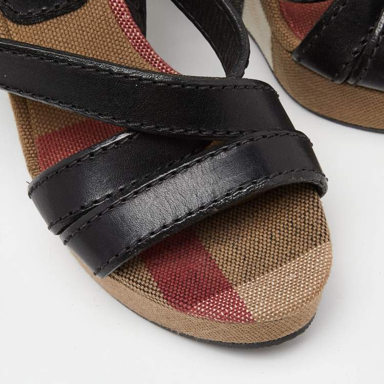 Pre Owned Burberry Multicolor Novacheck Canvas and Black Leather Warlow Platform Wedge Sandals Size 36.5
