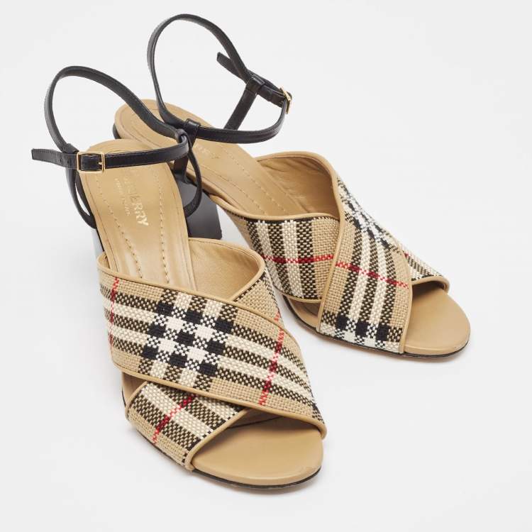 Pre Owned Burberry Beige/Black House Check Woven Canvas and Leather Cross Strap Sandals Size 40