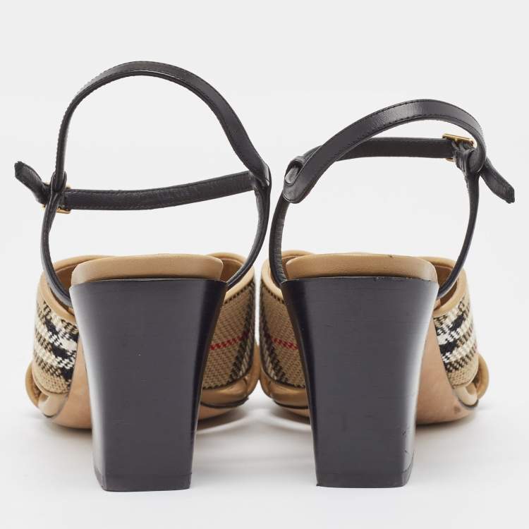 Pre Owned Burberry Beige/Black House Check Woven Canvas and Leather Cross Strap Sandals Size 40