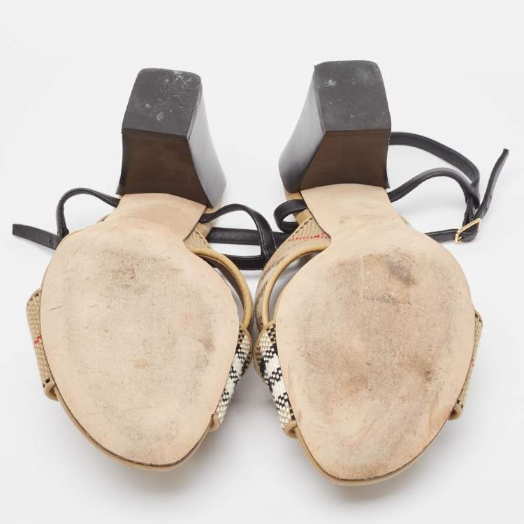 Pre Owned Burberry Beige/Black House Check Woven Canvas and Leather Cross Strap Sandals Size 40