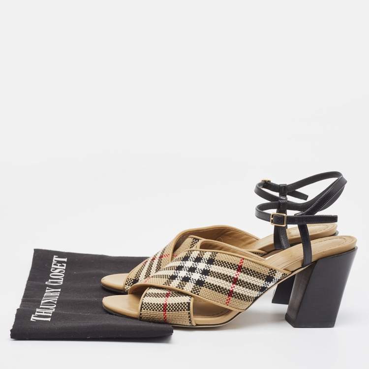 Pre Owned Burberry Beige/Black House Check Woven Canvas and Leather Cross Strap Sandals Size 40