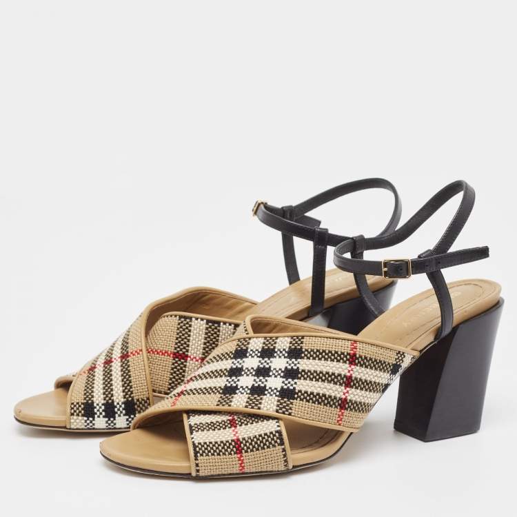 Pre Owned Burberry Beige/Black House Check Woven Canvas and Leather Cross Strap Sandals Size 40