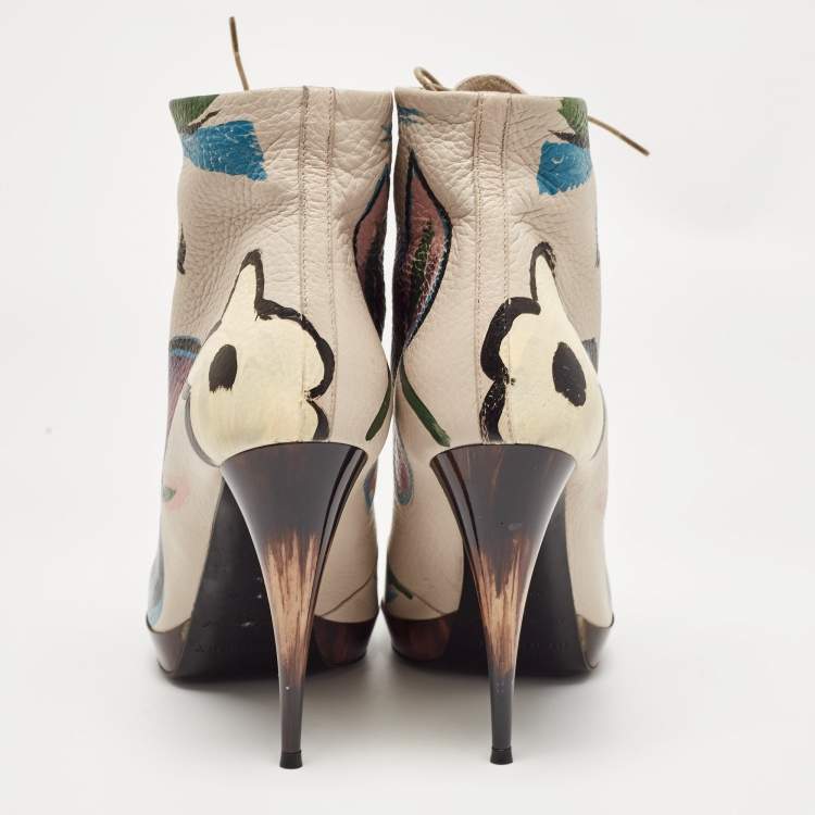 Pre Owned Burberry Grey Leather Flower Prints Ankle Boots Size 37